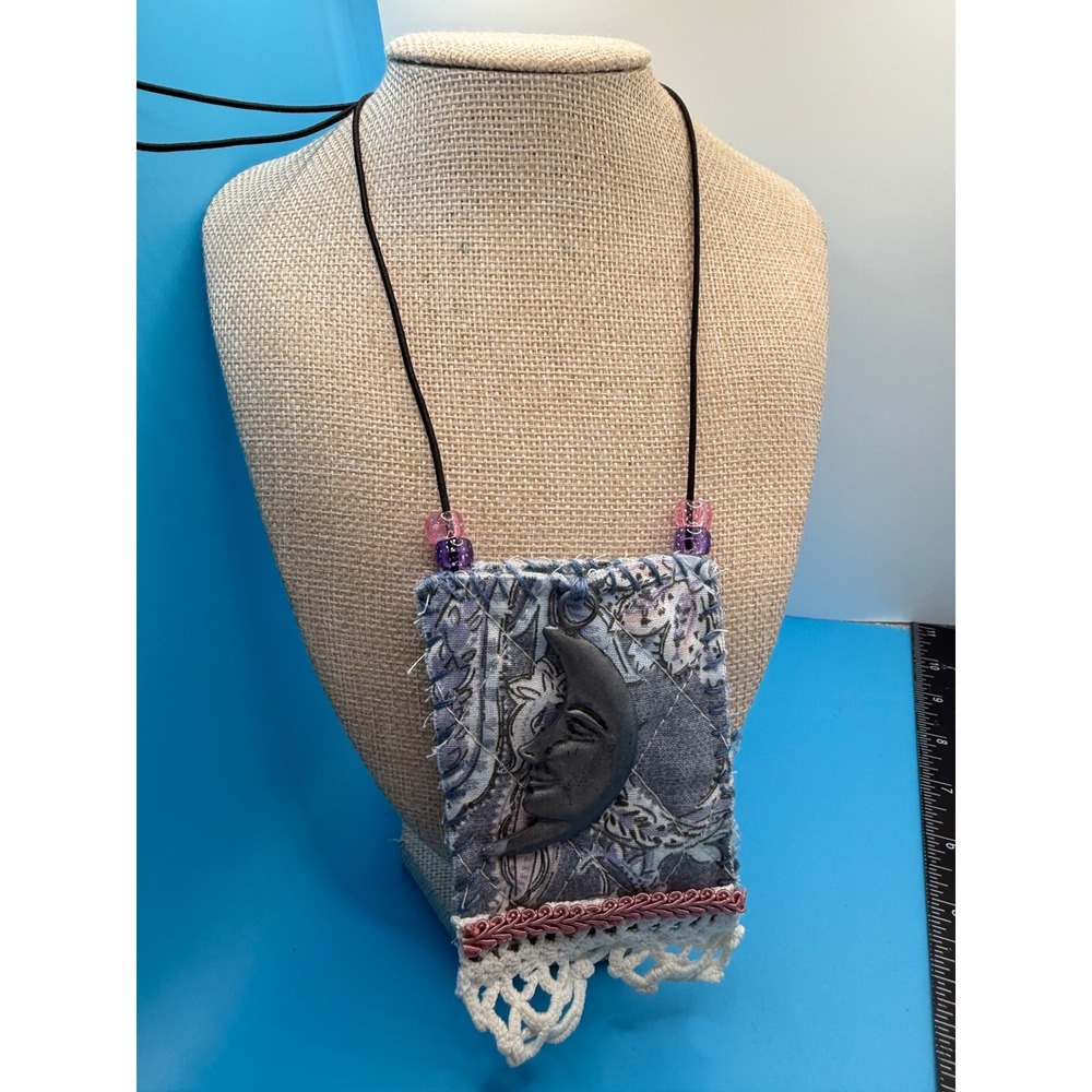 Handmade Boho Fabric Pouch Necklace‎ Crescent Moon Charm Quilted Textile Art